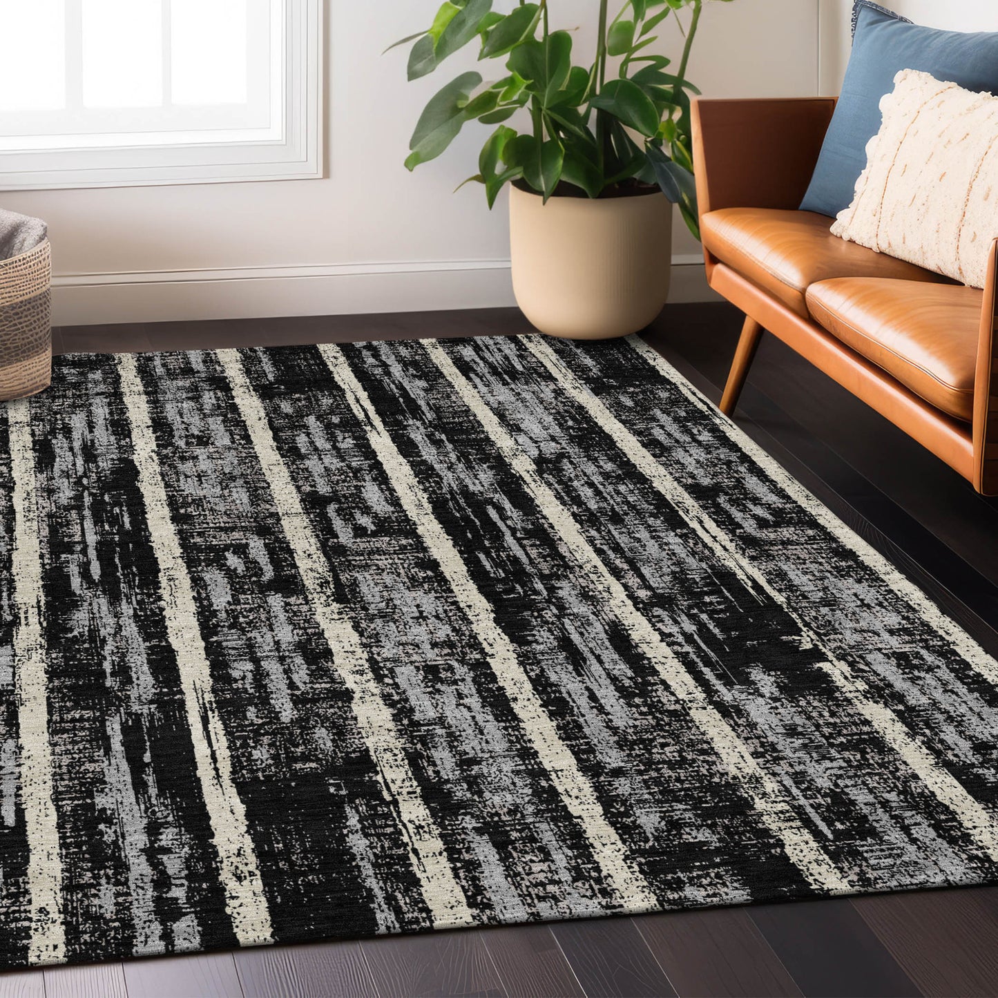Tabselect Home Line 8' X 10' Black Gray And Ivory Striped Washable Indoor Outdoor Area Rug