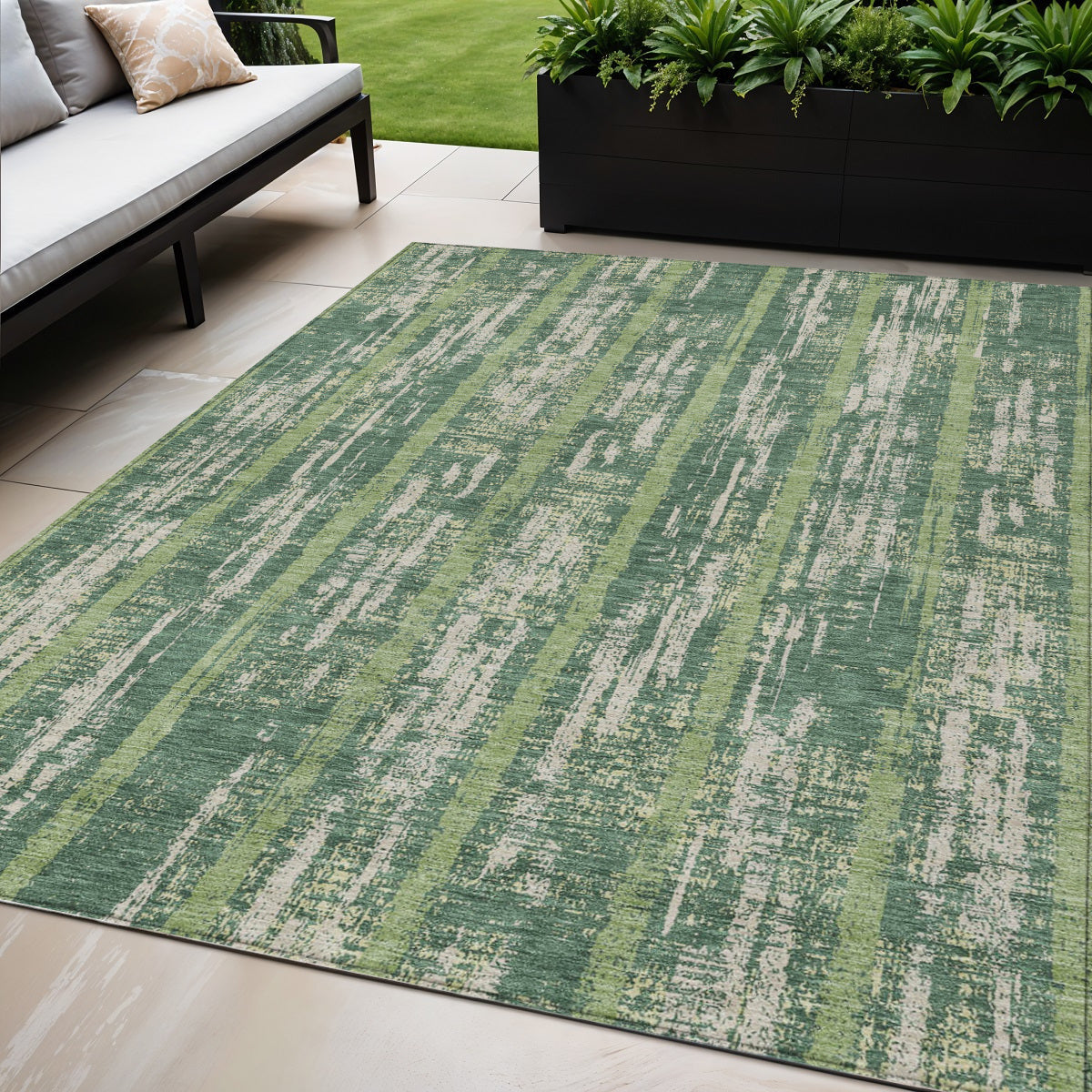 Tabselect Home Line 5' X 8' Green And Ivory Striped Washable Indoor Outdoor Area Rug