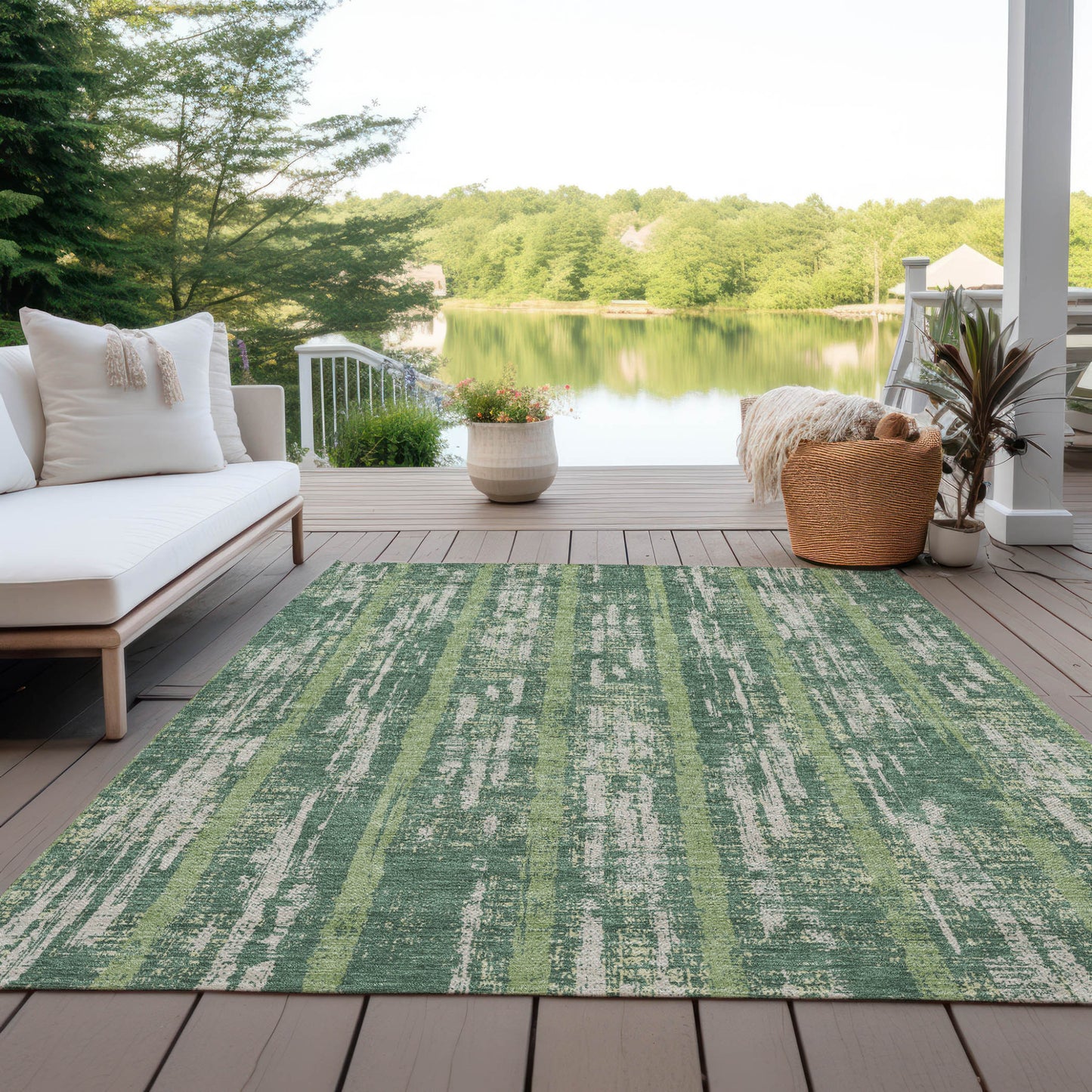 Tabselect Home Line 5' X 8' Green And Ivory Striped Washable Indoor Outdoor Area Rug