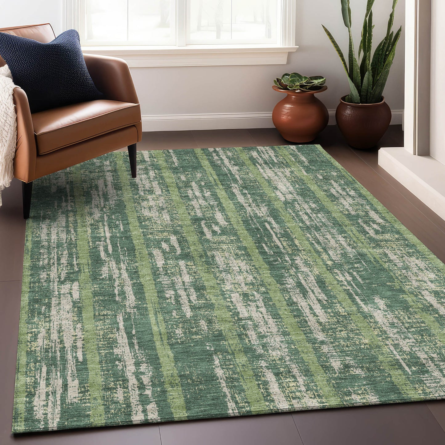 Tabselect Home Line 5' X 8' Green And Ivory Striped Washable Indoor Outdoor Area Rug