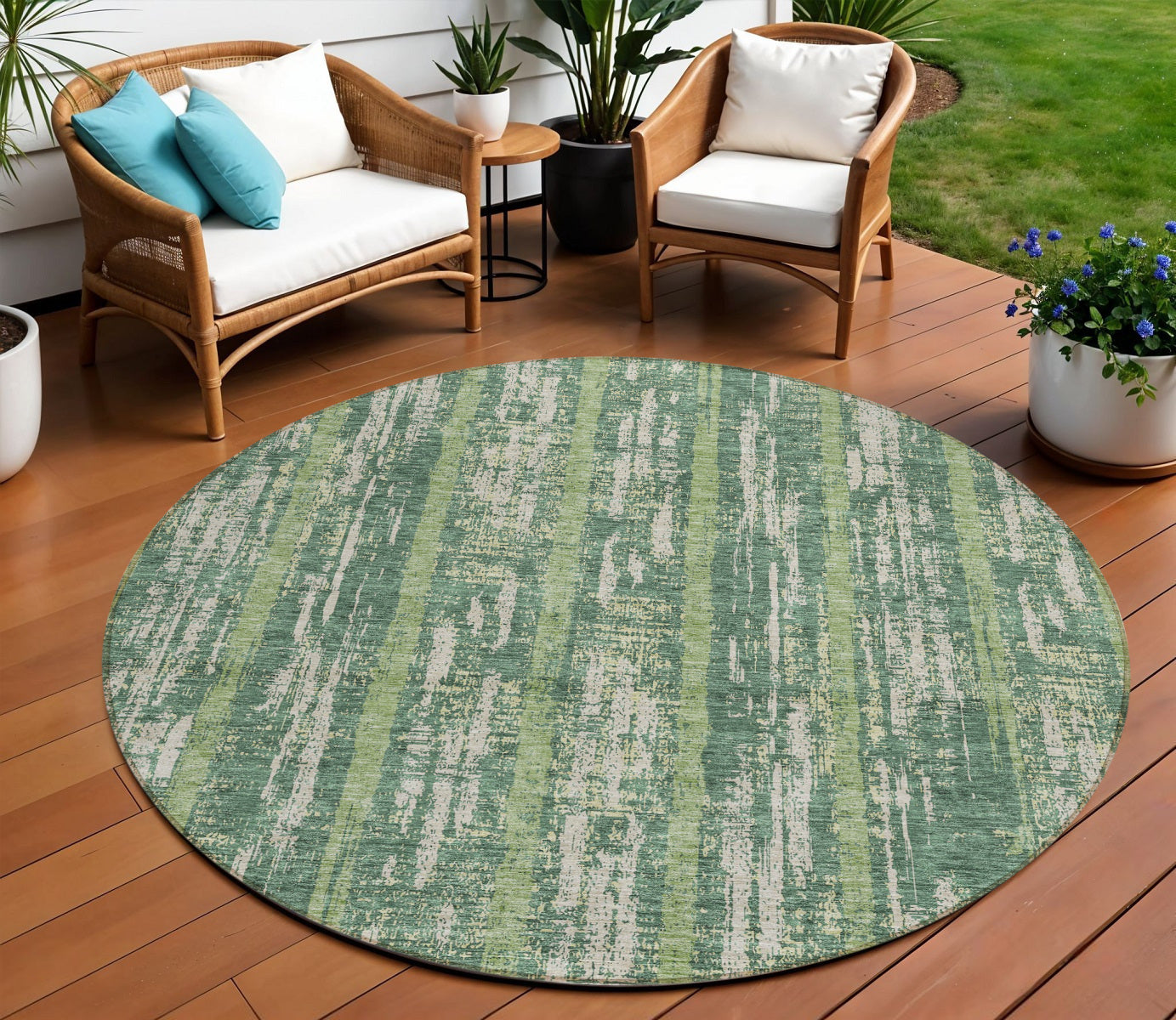 Tabselect Home Line 8' Green And Ivory Round Striped Washable Indoor Outdoor Area Rug