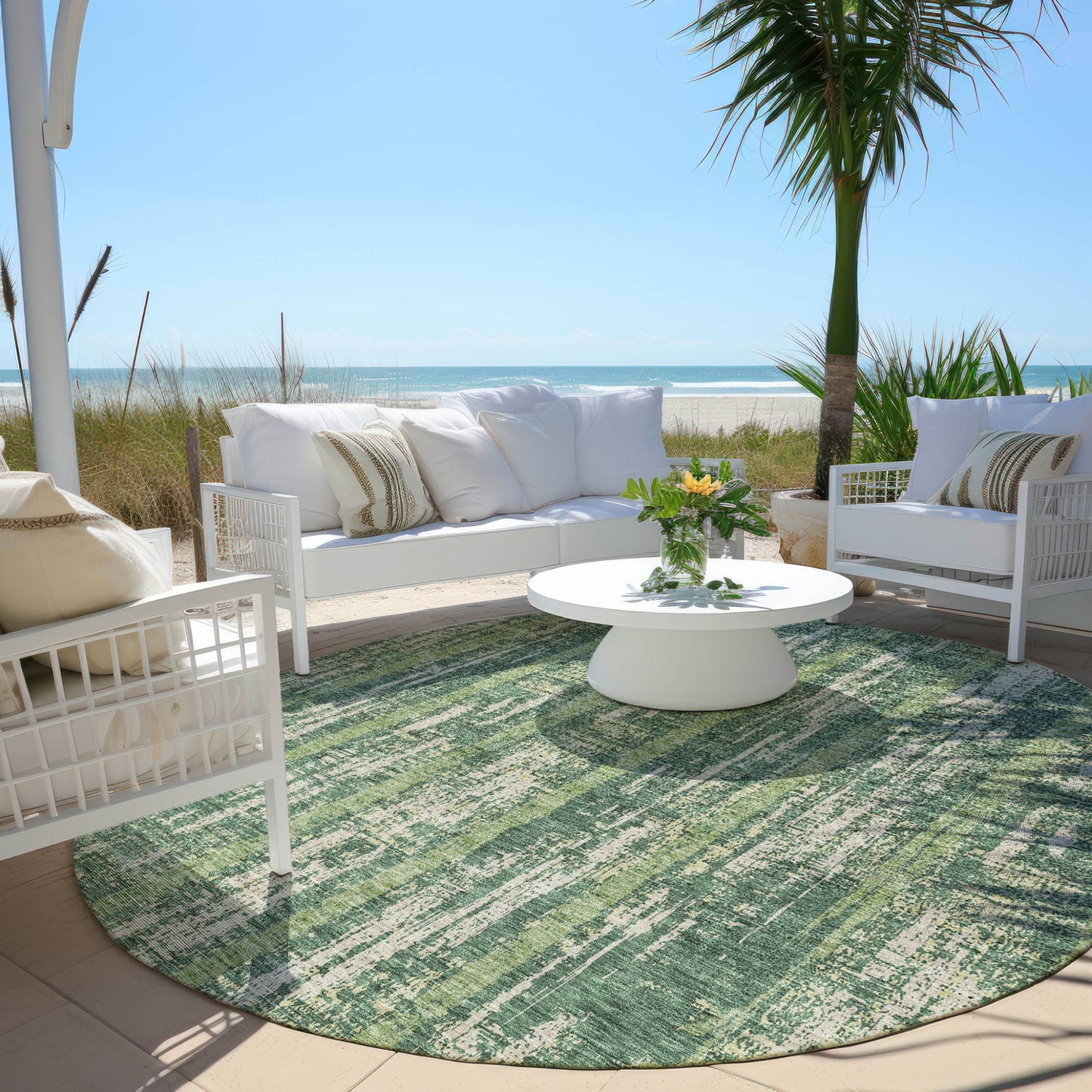Tabselect Home Line 8' Green And Ivory Round Striped Washable Indoor Outdoor Area Rug