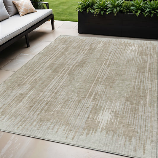 Tabselect Home Line 5' X 8' Beige And Ivory Striped Washable Indoor Outdoor Area Rug