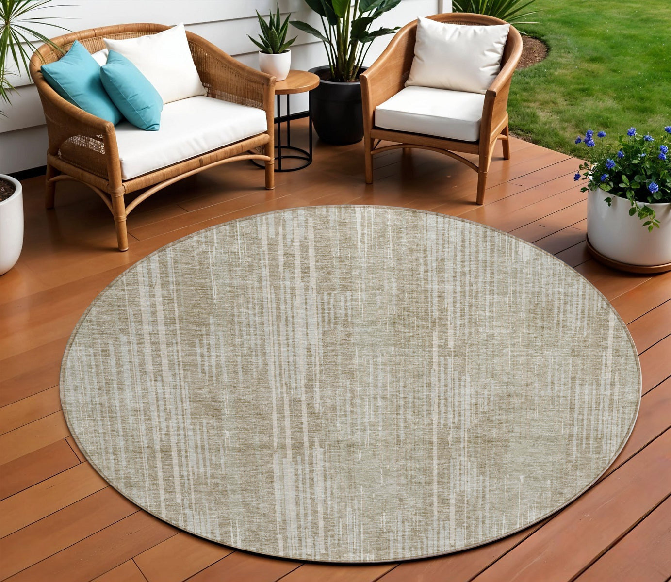 Tabselect Home Line 8' Beige And Ivory Round Striped Washable Indoor Outdoor Area Rug