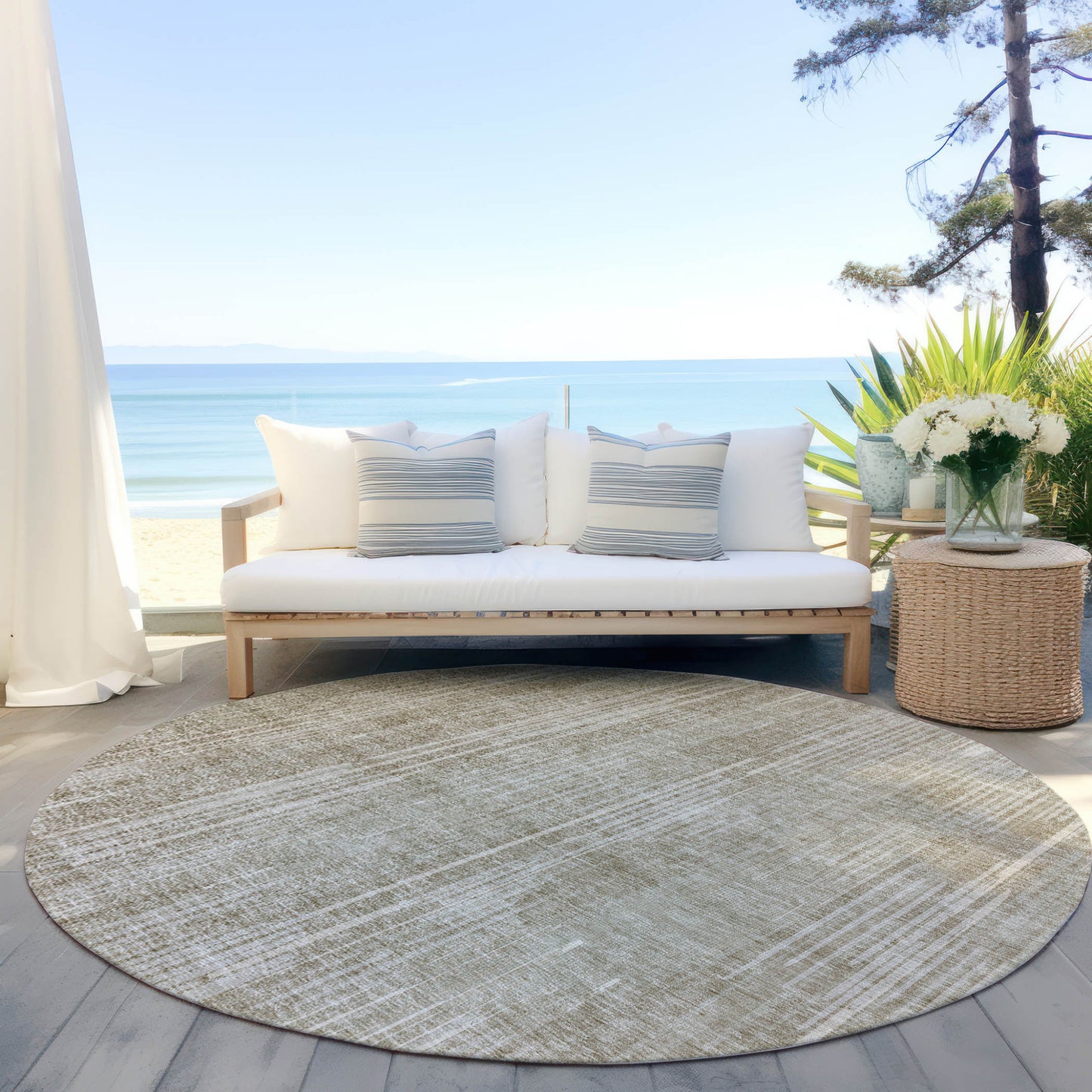 Tabselect Home Line 8' Beige And Ivory Round Striped Washable Indoor Outdoor Area Rug
