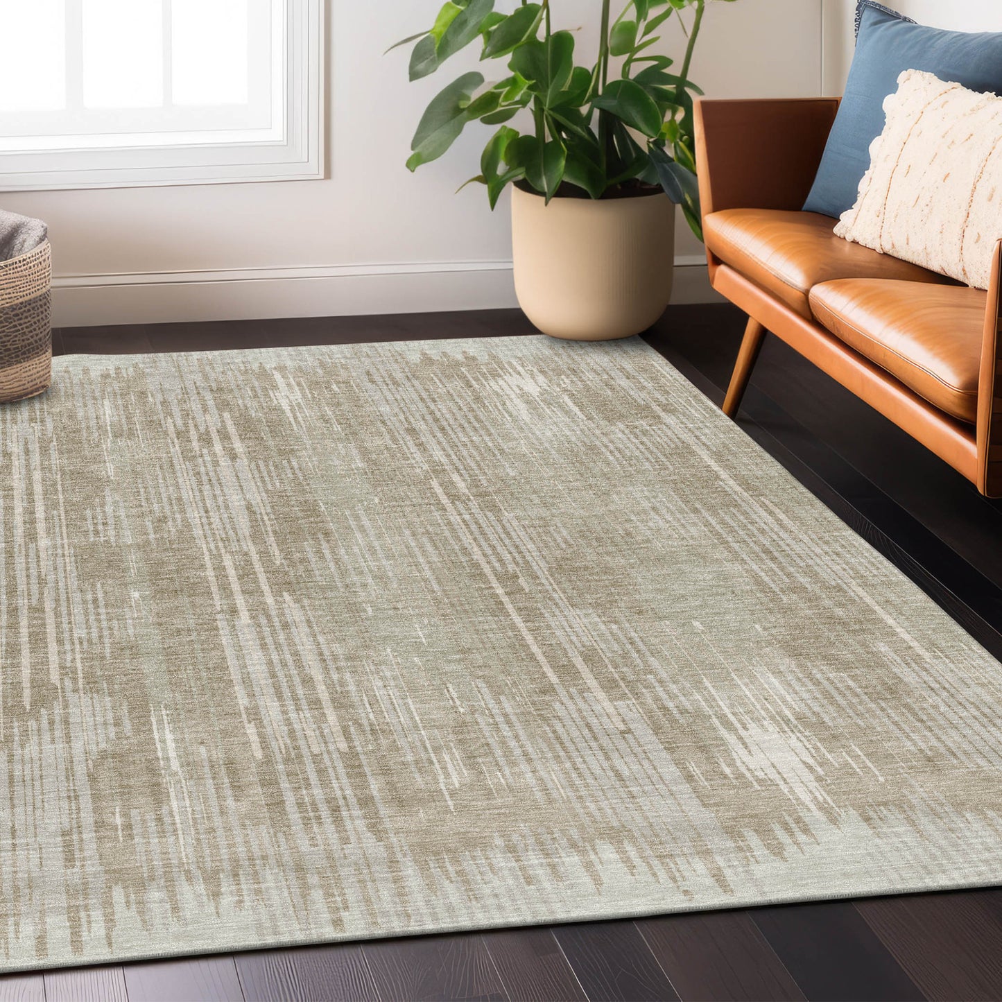 Tabselect Home Line 8' X 10' Beige And Ivory Striped Washable Indoor Outdoor Area Rug