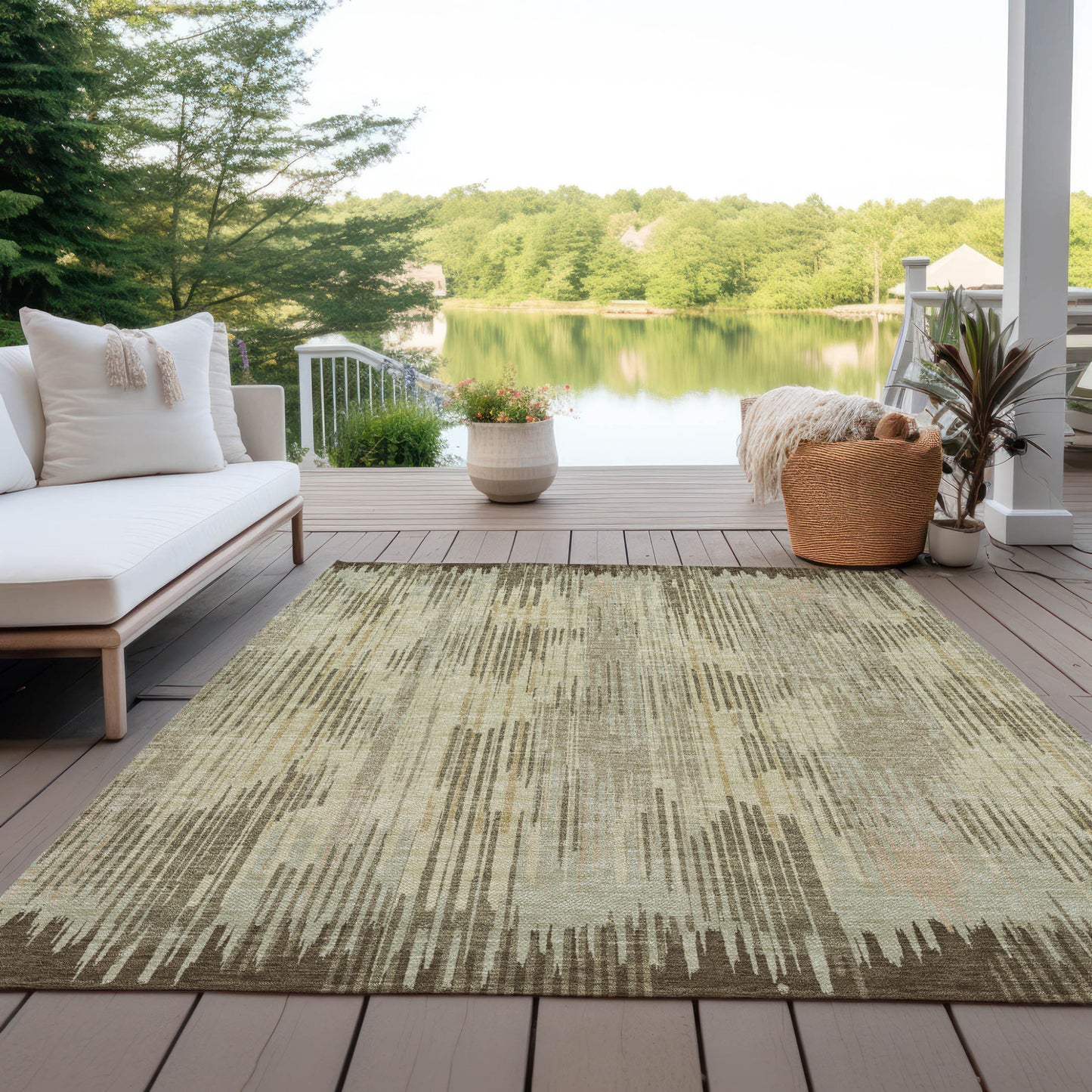 Tabselect Home Line 5' X 8' Brown And Green Striped Washable Indoor Outdoor Area Rug