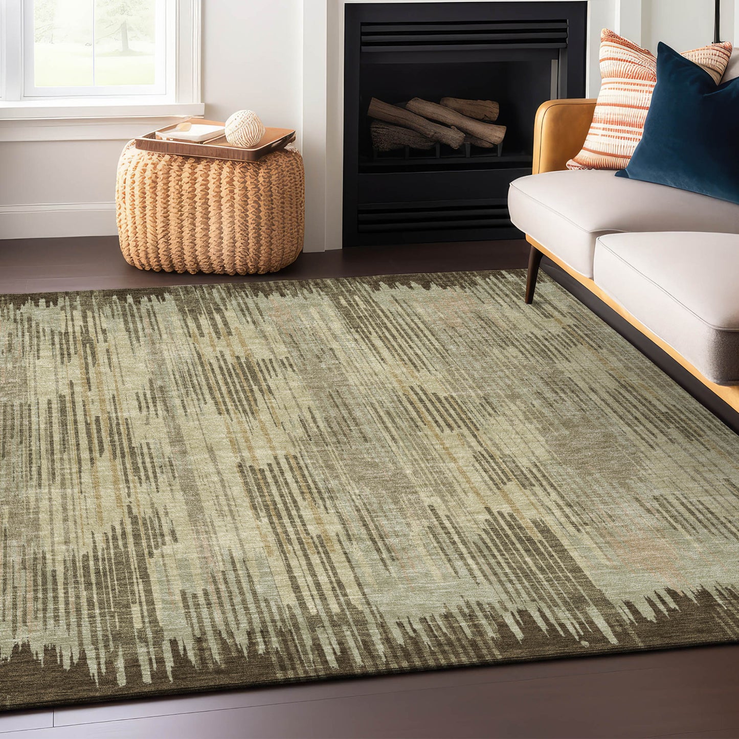 Tabselect Home Line 5' X 8' Brown And Green Striped Washable Indoor Outdoor Area Rug