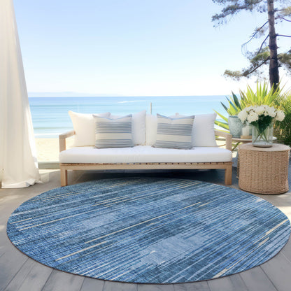 Tabselect Home Line 8' Blue And Ivory Round Striped Washable Indoor Outdoor Area Rug