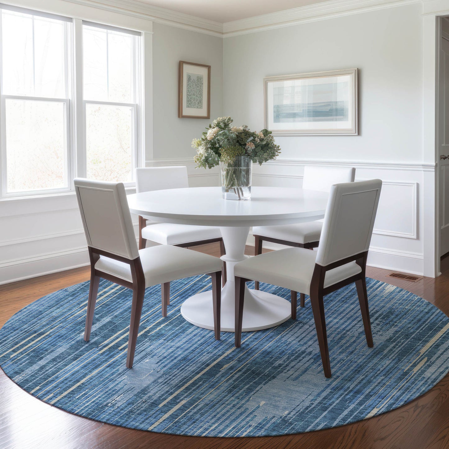 Tabselect Home Line 8' Blue And Ivory Round Striped Washable Indoor Outdoor Area Rug