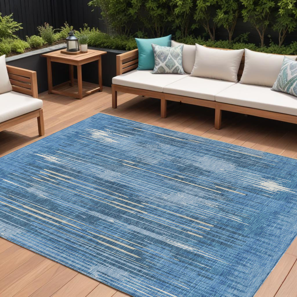 Tabselect Home Line 8' X 10' Blue And Ivory Striped Washable Indoor Outdoor Area Rug