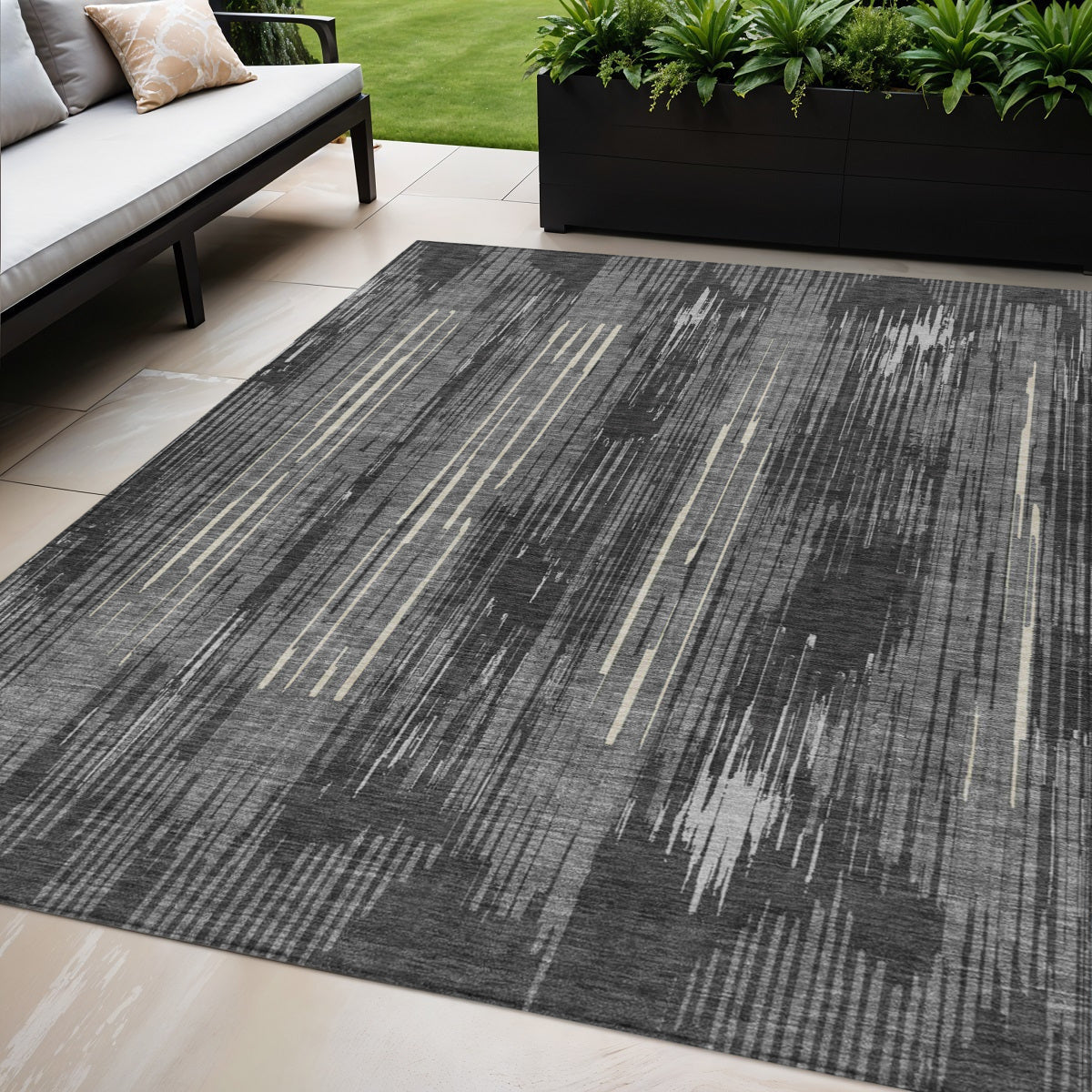 Tabselect Home Line 5' X 8' Charcoal Gray And Ivory Striped Washable Indoor Outdoor Area Rug