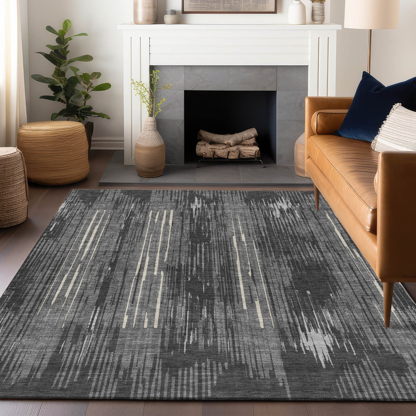 Tabselect Home Line 5' X 8' Charcoal Gray And Ivory Striped Washable Indoor Outdoor Area Rug