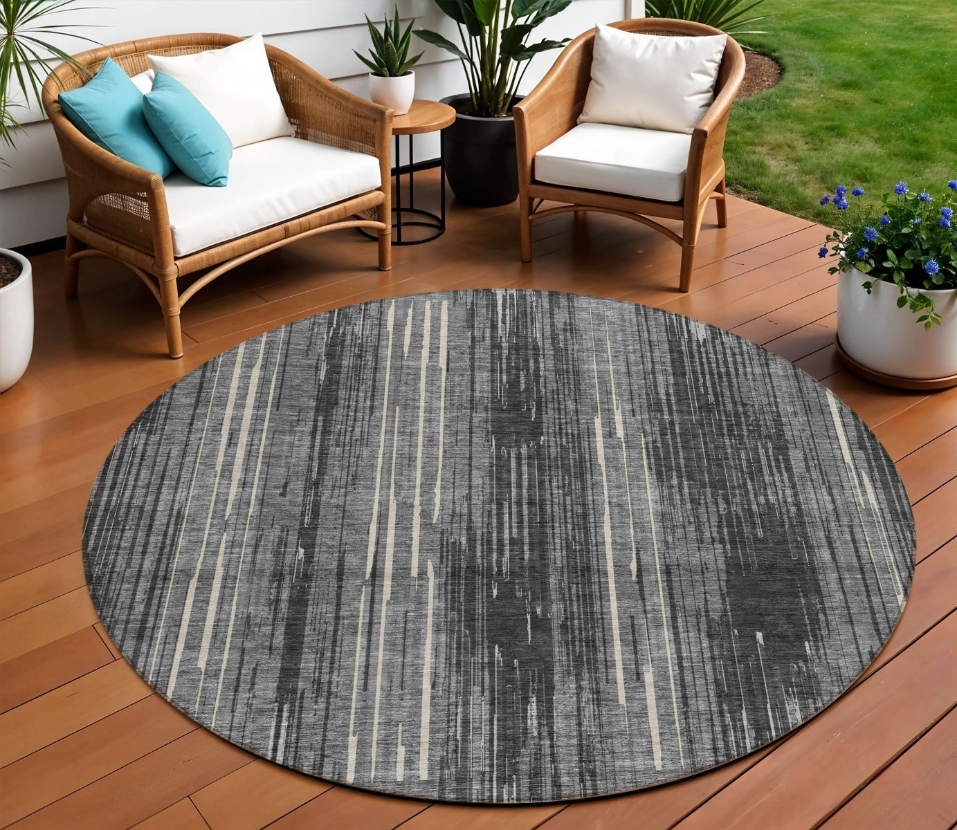 Tabselect Home Line 8' Charcoal Gray And Ivory Round Striped Washable Indoor Outdoor Area Rug
