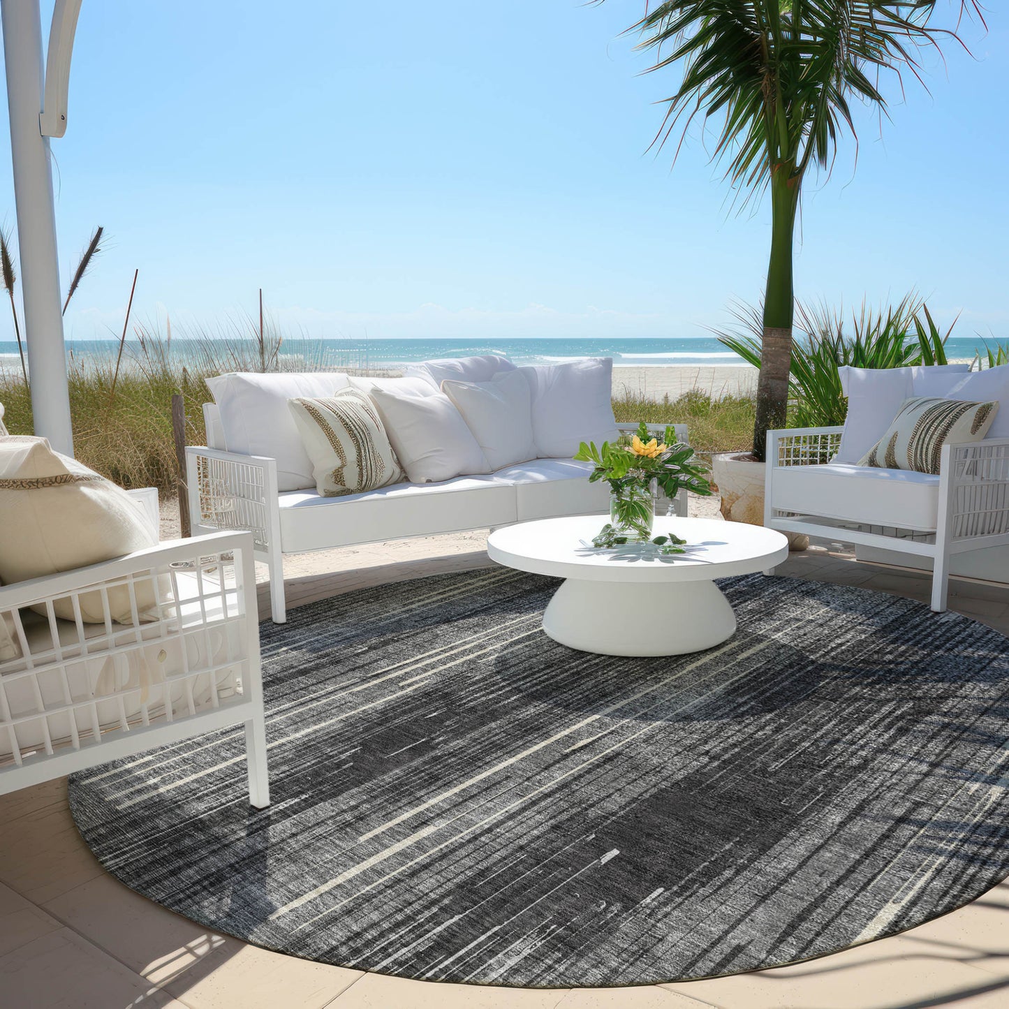 Tabselect Home Line 8' Charcoal Gray And Ivory Round Striped Washable Indoor Outdoor Area Rug