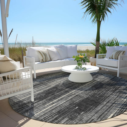 Tabselect Home Line 8' Charcoal Gray And Ivory Round Striped Washable Indoor Outdoor Area Rug