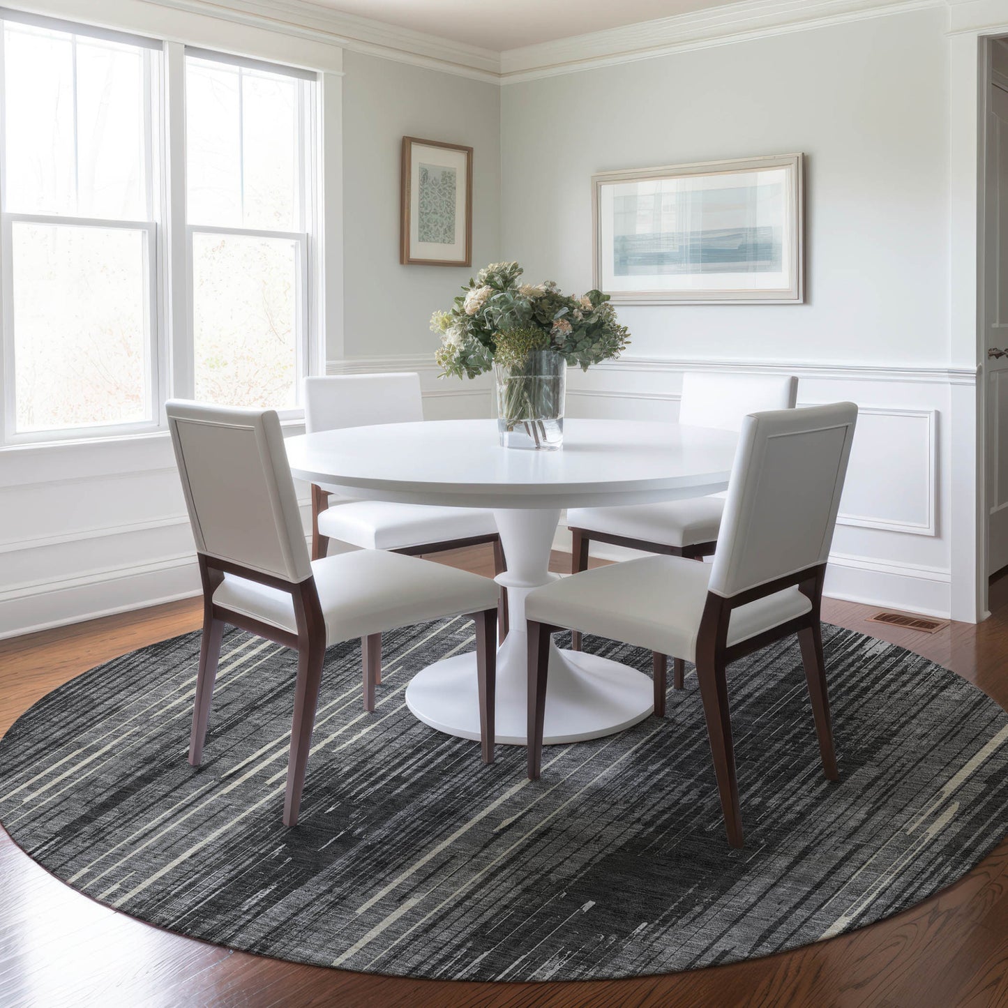 Tabselect Home Line 8' Charcoal Gray And Ivory Round Striped Washable Indoor Outdoor Area Rug