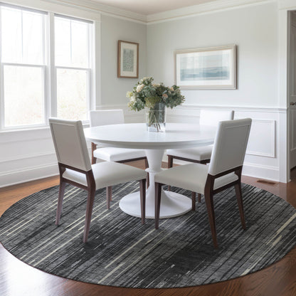 Tabselect Home Line 8' Charcoal Gray And Ivory Round Striped Washable Indoor Outdoor Area Rug