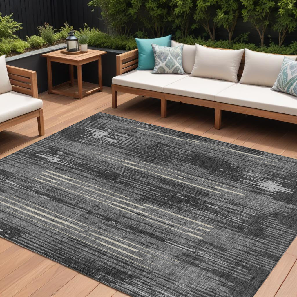Tabselect Home Line 8' X 10' Charcoal Gray And Ivory Striped Washable Indoor Outdoor Area Rug