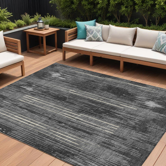 Tabselect Home Line 8' X 10' Charcoal Gray And Ivory Striped Washable Indoor Outdoor Area Rug