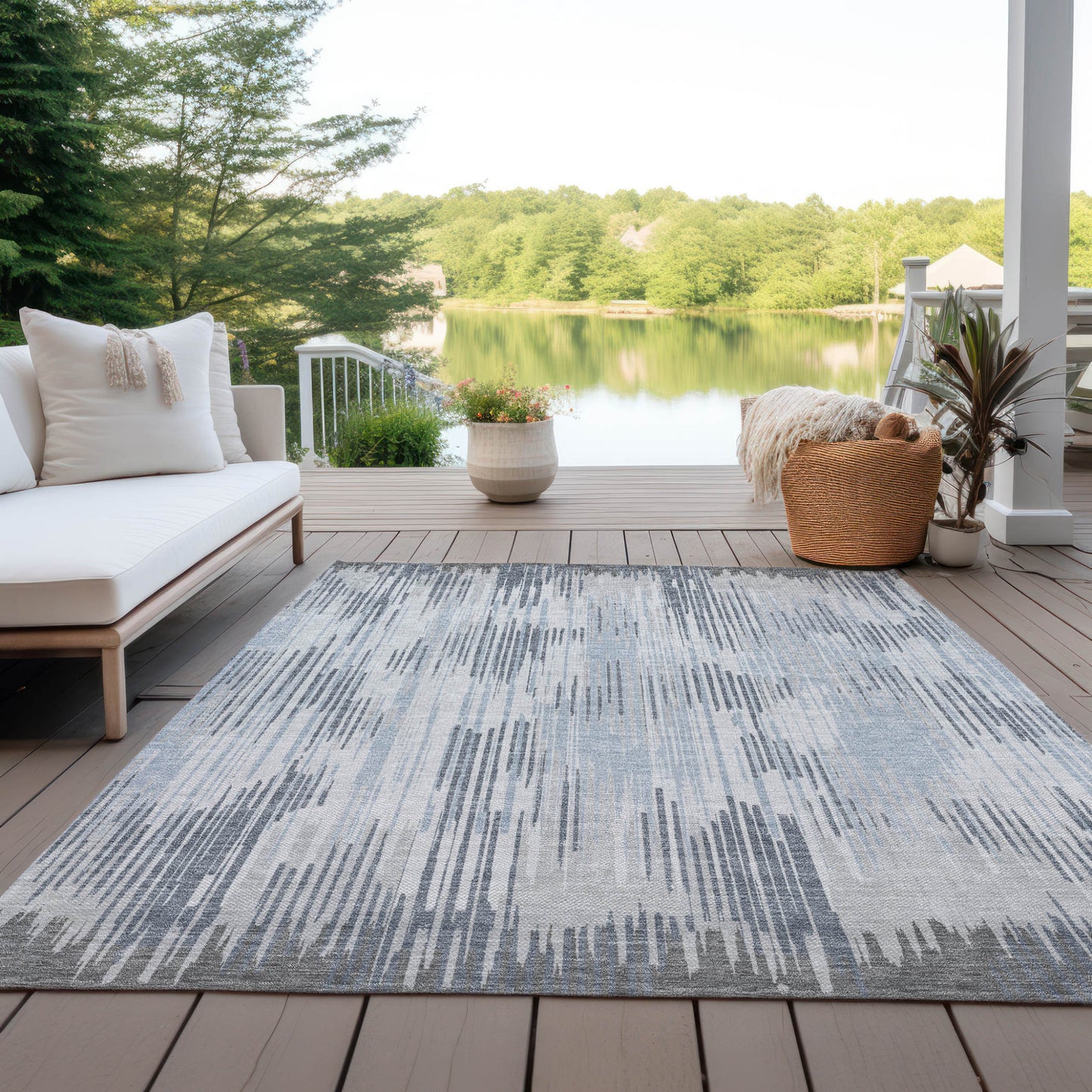 Tabselect Home Line 8' X 10' Gray And Ivory Striped Washable Indoor Outdoor Area Rug