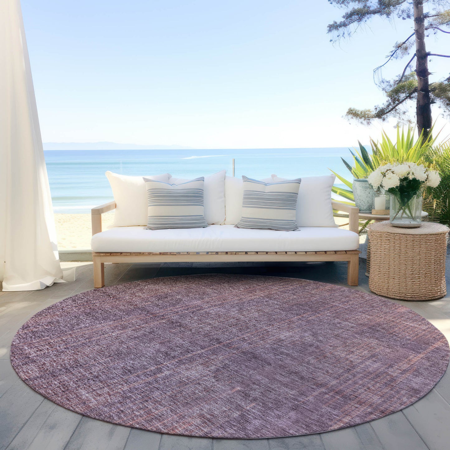 Tabselect Home Line 8' Mauve And Dark Purple Round Striped Washable Indoor Outdoor Area Rug