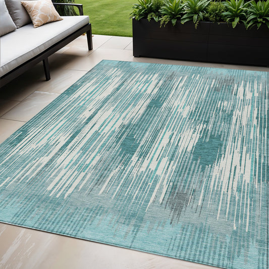 Tabselect Home Line 5' X 8' Teal Blue And Ivory Striped Washable Indoor Outdoor Area Rug