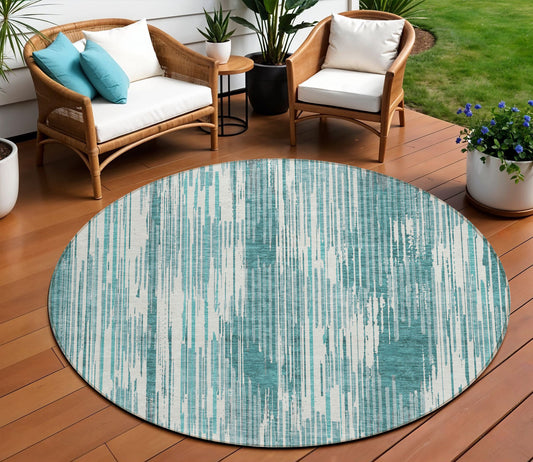 Tabselect Home Line 8' Teal Blue And Ivory Round Striped Washable Indoor Outdoor Area Rug