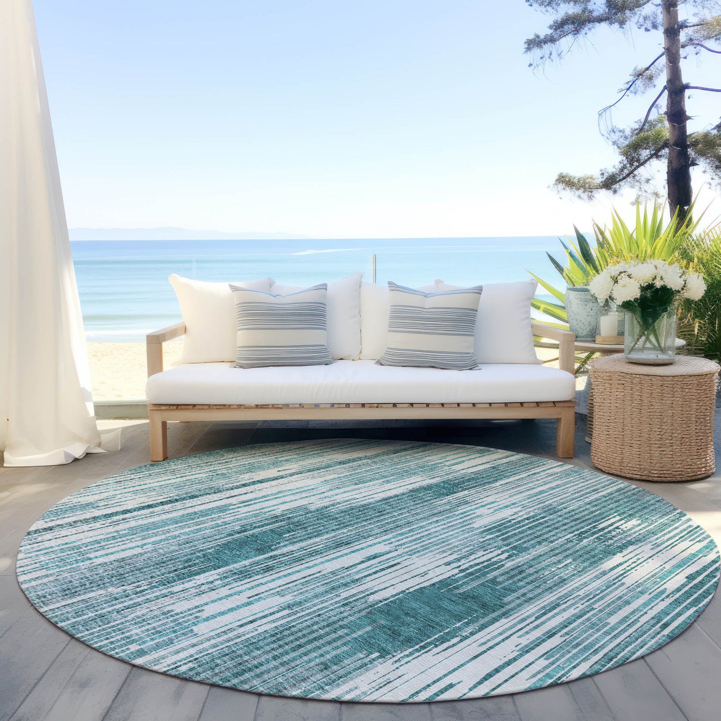 Tabselect Home Line 8' Teal Blue And Ivory Round Striped Washable Indoor Outdoor Area Rug