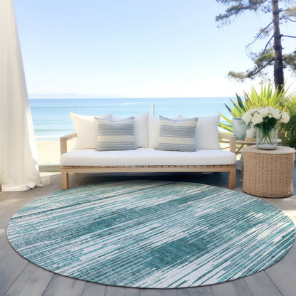 Tabselect Home Line 8' Teal Blue And Ivory Round Striped Washable Indoor Outdoor Area Rug