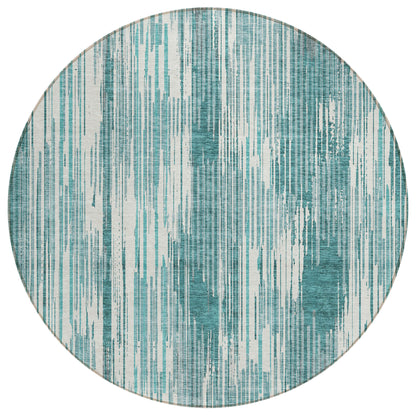 Tabselect Home Line 8' Teal Blue And Ivory Round Striped Washable Indoor Outdoor Area Rug