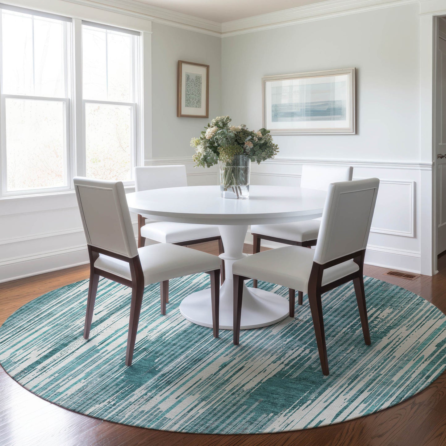 Tabselect Home Line 8' Teal Blue And Ivory Round Striped Washable Indoor Outdoor Area Rug