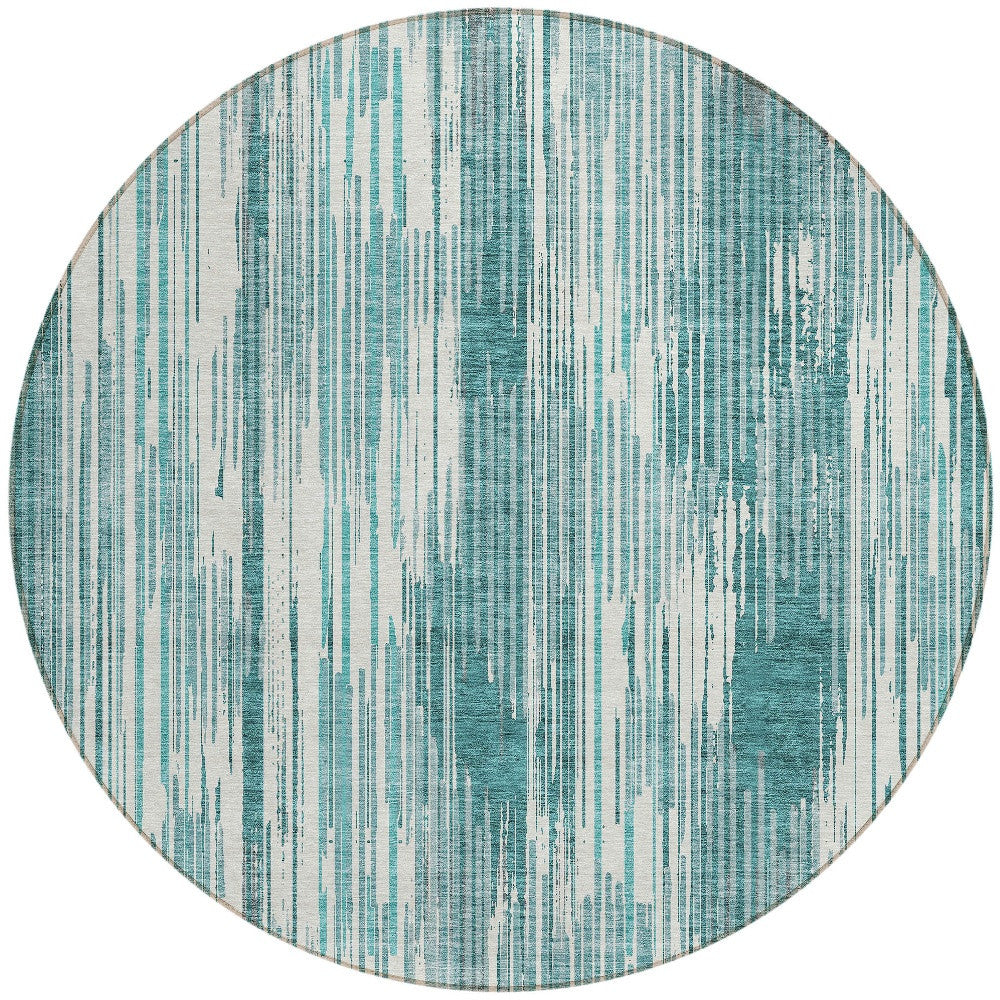 Tabselect Home Line 8' Teal Blue And Ivory Round Striped Washable Indoor Outdoor Area Rug