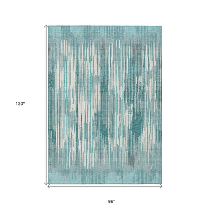 Tabselect Home Line 8' X 10' Teal Blue And Ivory Striped Washable Indoor Outdoor Area Rug