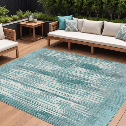 Tabselect Home Line 8' X 10' Teal Blue And Ivory Striped Washable Indoor Outdoor Area Rug