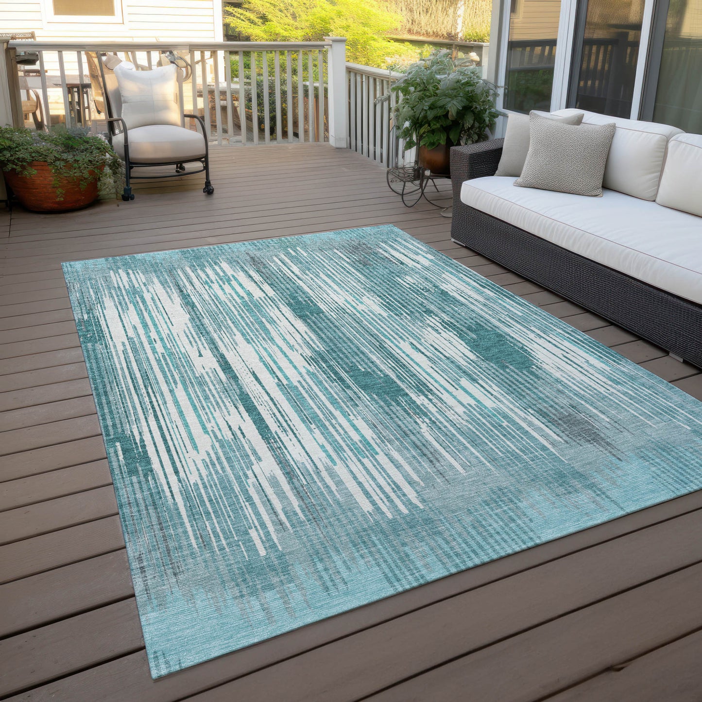 Tabselect Home Line 8' X 10' Teal Blue And Ivory Striped Washable Indoor Outdoor Area Rug