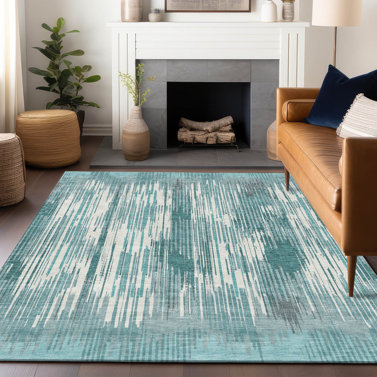 Tabselect Home Line 8' X 10' Teal Blue And Ivory Striped Washable Indoor Outdoor Area Rug