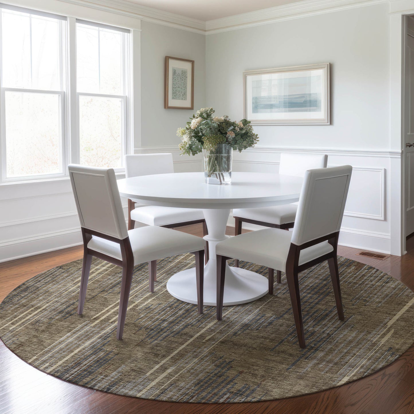 Tabselect Home Line 8' Taupe Gray And Ivory Round Striped Washable Indoor Outdoor Area Rug