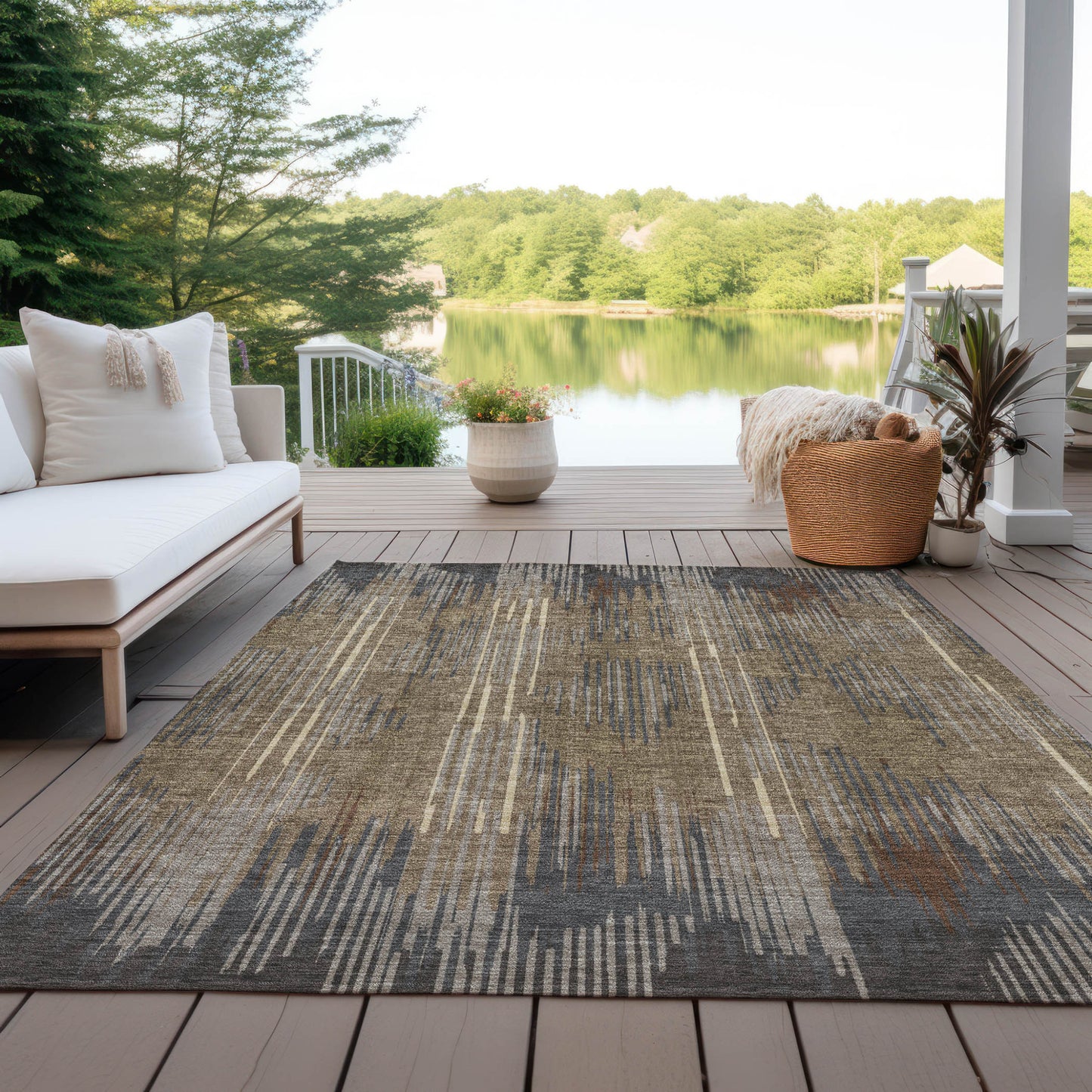 Tabselect Home Line 8' X 10' Taupe Gray And Ivory Striped Washable Indoor Outdoor Area Rug