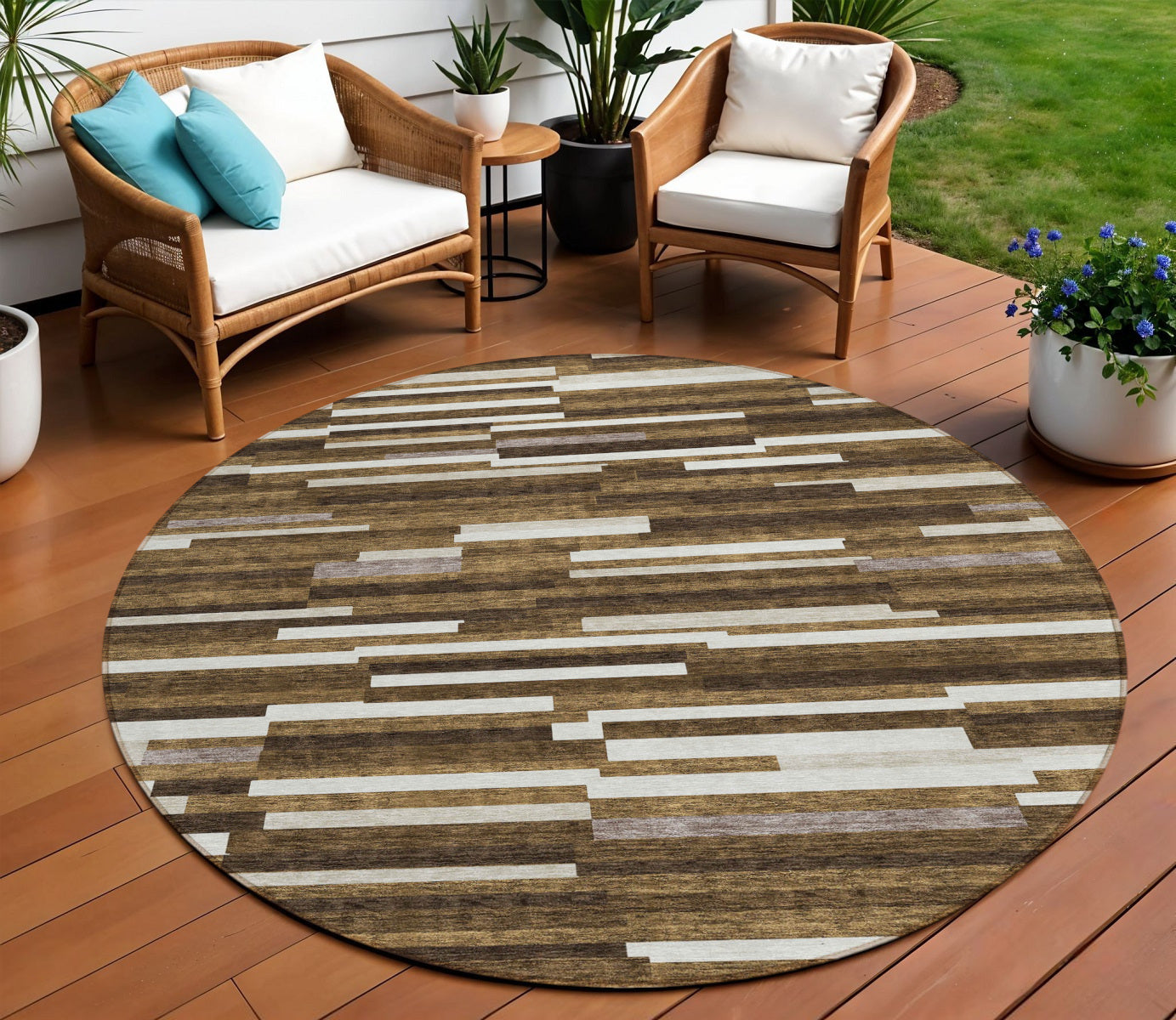 Tabselect Home Line 8' Brown And Ivory Round Striped Washable Indoor Outdoor Area Rug