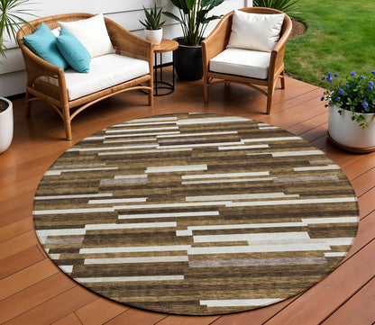 Tabselect Home Line 8' Brown And Ivory Round Striped Washable Indoor Outdoor Area Rug