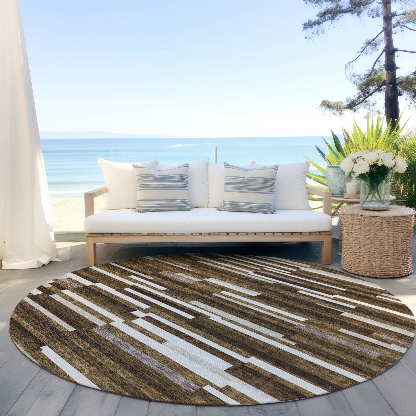Tabselect Home Line 8' Brown And Ivory Round Striped Washable Indoor Outdoor Area Rug