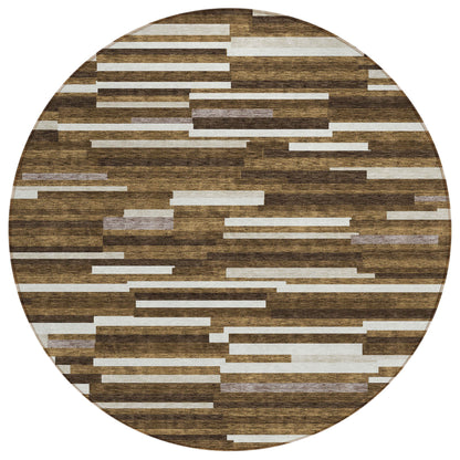 Tabselect Home Line 8' Brown And Ivory Round Striped Washable Indoor Outdoor Area Rug