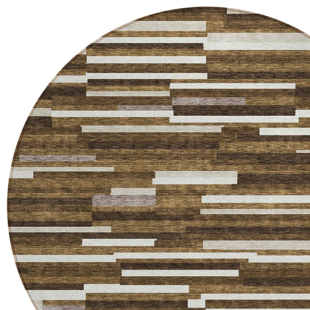 Tabselect Home Line 8' Brown And Ivory Round Striped Washable Indoor Outdoor Area Rug