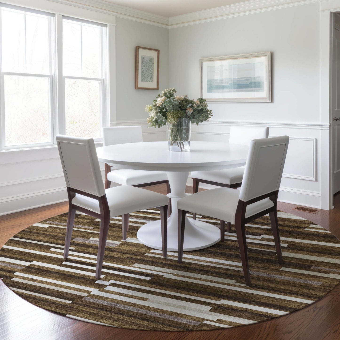 Tabselect Home Line 8' Brown And Ivory Round Striped Washable Indoor Outdoor Area Rug