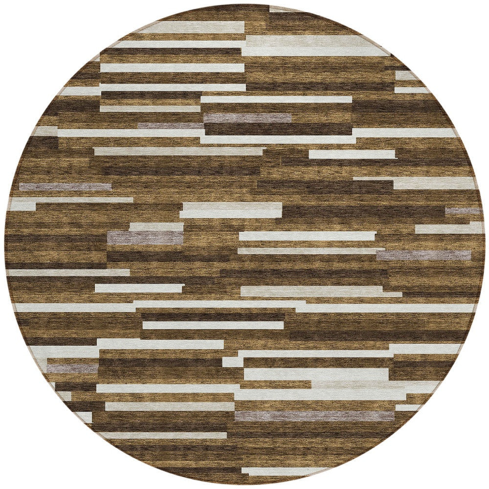 Tabselect Home Line 8' Brown And Ivory Round Striped Washable Indoor Outdoor Area Rug