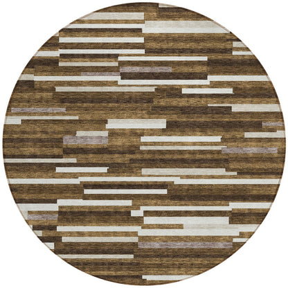 Tabselect Home Line 8' Brown And Ivory Round Striped Washable Indoor Outdoor Area Rug