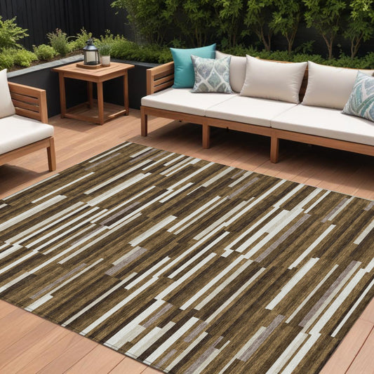 Tabselect Home Line 8' X 10' Brown And Ivory Striped Washable Indoor Outdoor Area Rug