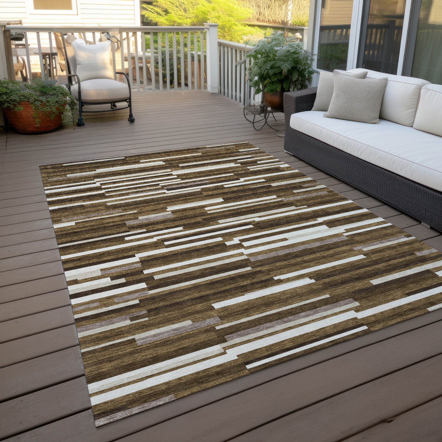 Tabselect Home Line 8' X 10' Brown And Ivory Striped Washable Indoor Outdoor Area Rug