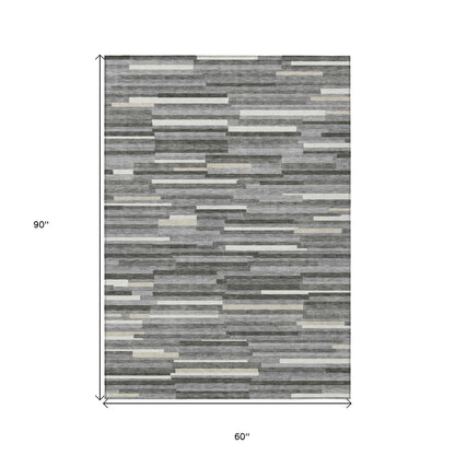 Tabselect Home Line 5' X 8' Gray And Ivory Striped Washable Indoor Outdoor Area Rug